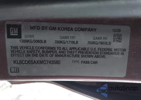 2021 Chevrolet Spark Fwd 1Lt Automatic z USA, uszkodzony, nr VIN KL8CD6SAXMC743580